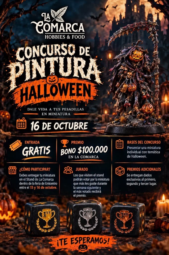 Afiche del concurso de pintura Halloween de La Comarca, 16 de octubre, entrada gratis, bono de 100.000 pesos.